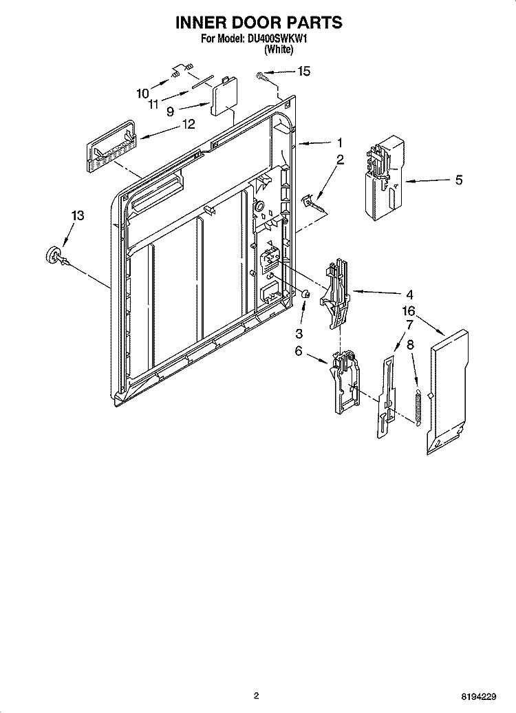 INNER DOOR PARTS Diagram and Parts List for DU400SWKW1  Whirlpool Dishwasher