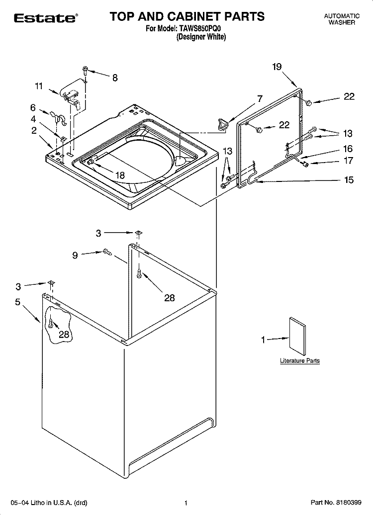 TOP AND CABINET PARTS Diagram and Parts List for TAWS850PQ0  Estate Washer