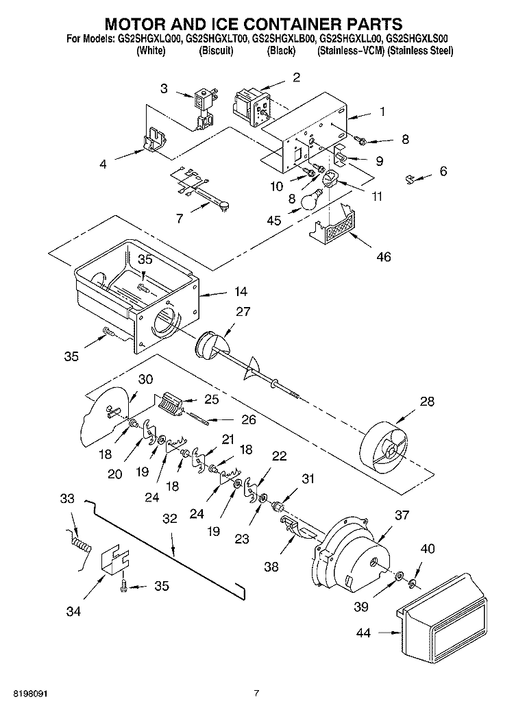 MOTOR AND ICE CONTAINER Diagram and Parts List for GS2SHGXLQ00  Whirlpool Refrigerator