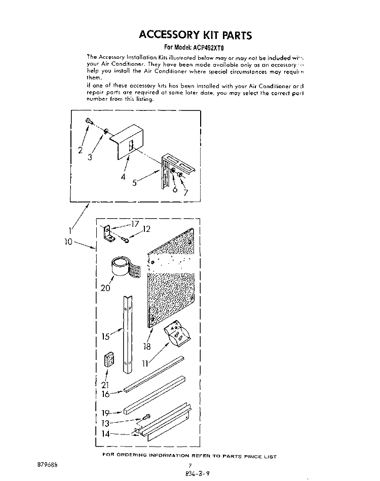 ACCESSORY KIT Diagram and Parts List for ACP492XT0  Whirlpool Air Conditioner