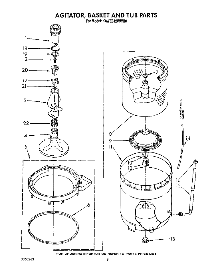 AGITATOR, BASKET AND TUB Diagram and Parts List for KAWE842WAL0  Whirlpool Washer