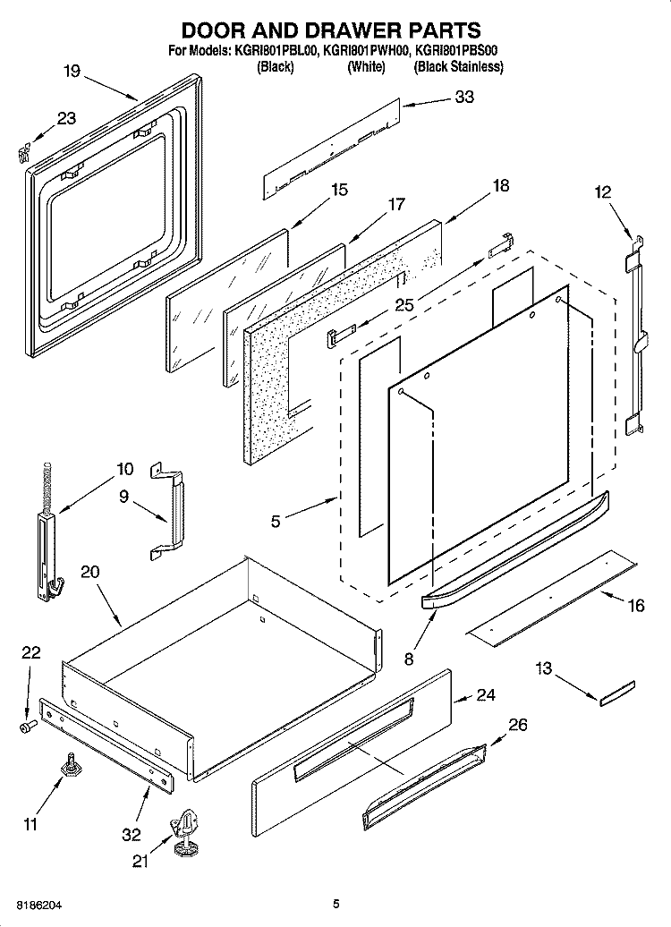 DOOR AND DRAWER PARTS Diagram and Parts List for KGRI801PBL00  KitchenAid Range