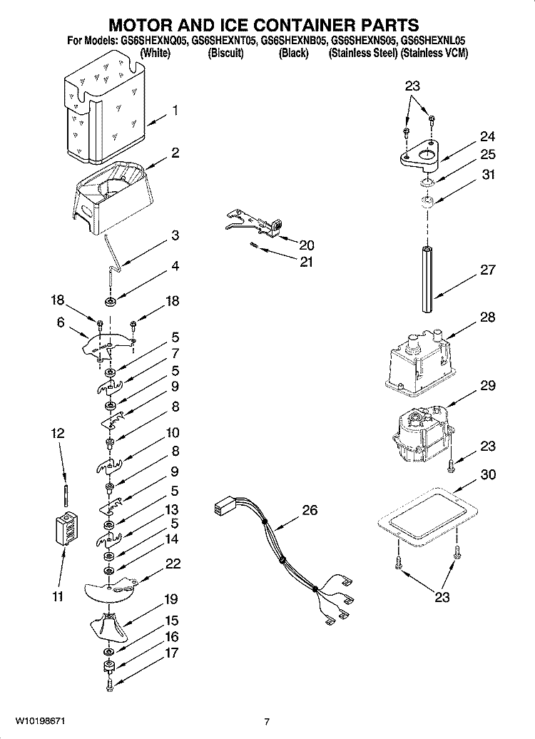 MOTOR AND ICE CONTAINER PARTS Diagram and Parts List for GS6SHEXNB05  Whirlpool Refrigerator