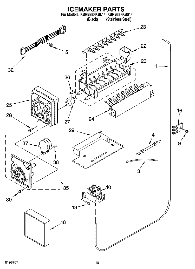 ICEMAKER PARTS, PARTS NOT ILLUSTRATED Diagram and Parts List for KSRB25FKBL14  KitchenAid Refrigerator
