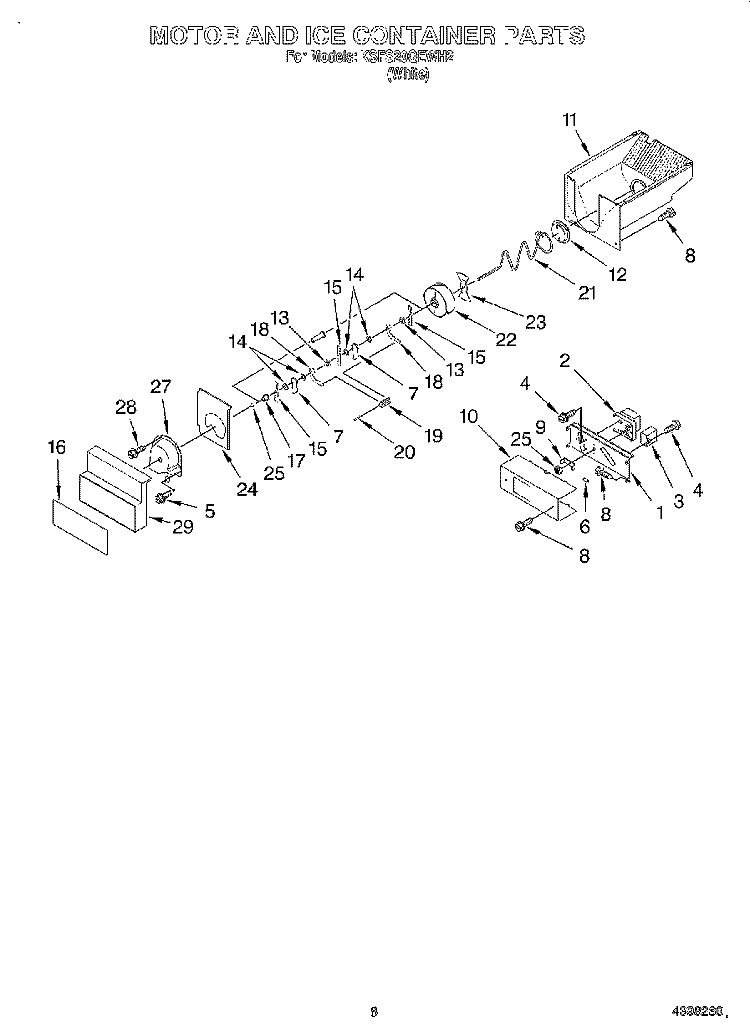 MOTOR AND ICE CONTAINER Diagram and Parts List for KSFS20QEWH2  KitchenAid Refrigerator