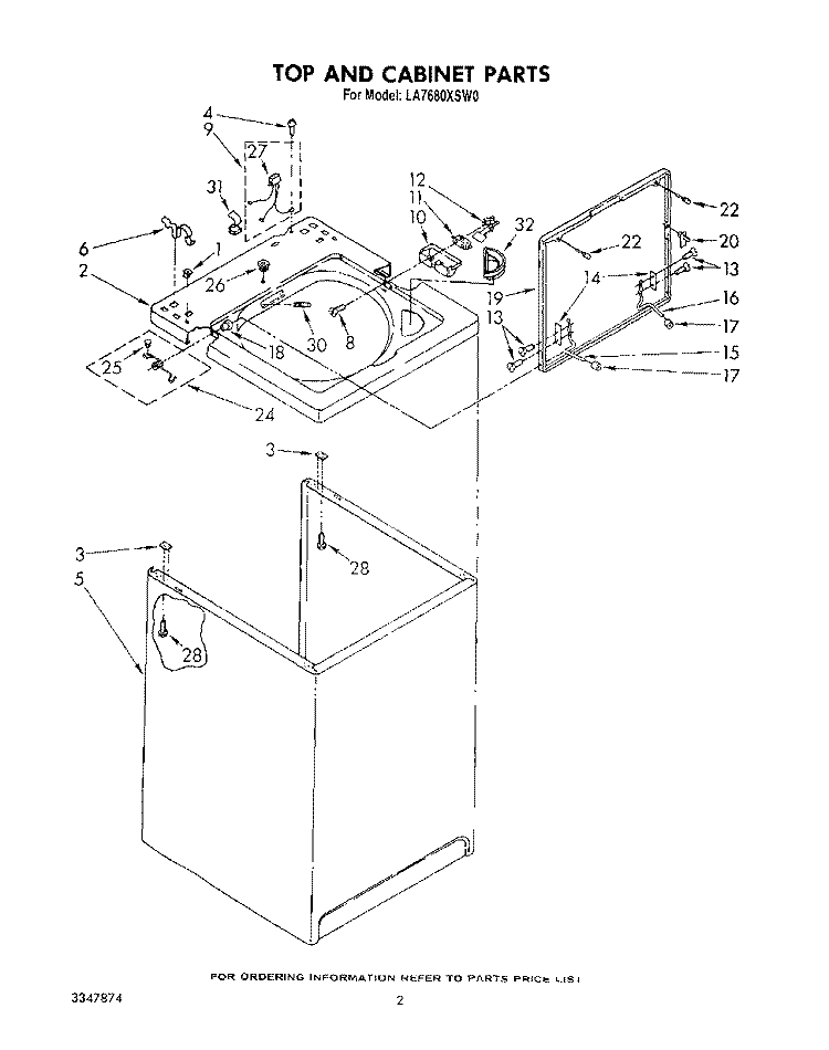 TOP AND CABINET , LITERATURE AND OPTIONAL Diagram and Parts List for LA7680XSW0  Whirlpool Washer