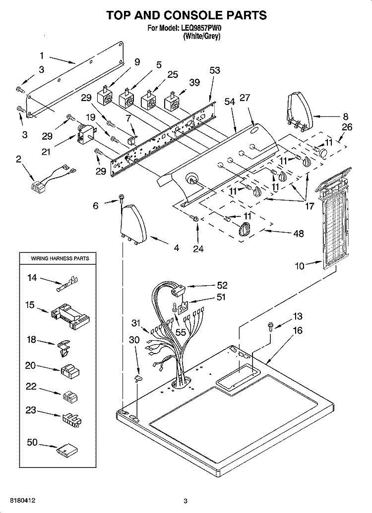 TOP AND CONSOLE PARTS Diagram and Parts List for LEQ9857PW0  Whirlpool Dryer