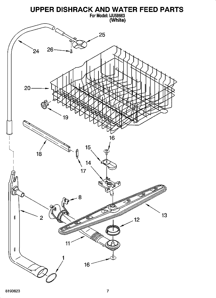 UPPER DISHRACK AND WATER FEED PARTS Diagram and Parts List for IJU58663  Inglis Dishwasher