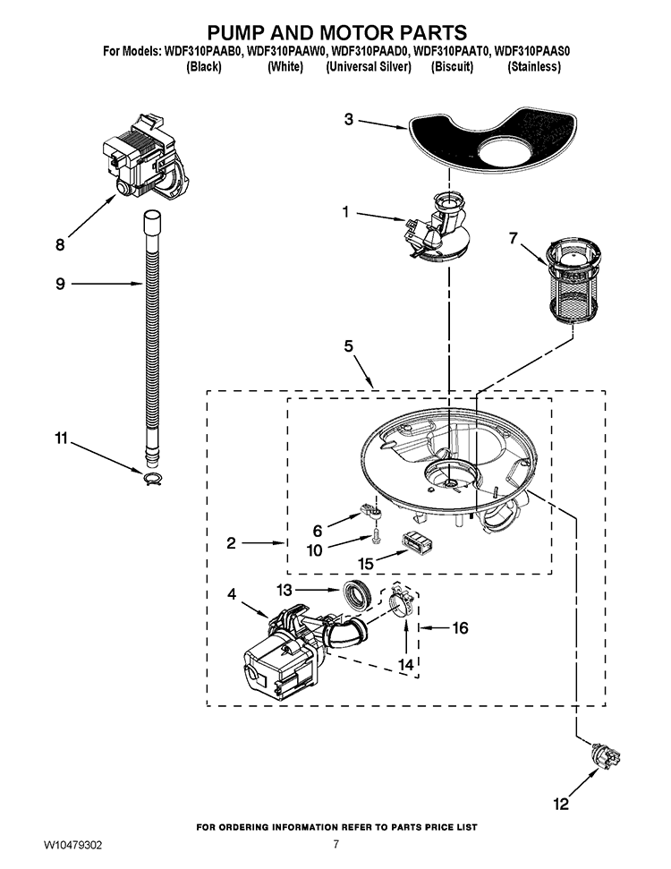 PUMP AND MOTOR PARTS Diagram and Parts List for WDF310PAAD0  Whirlpool Dishwasher