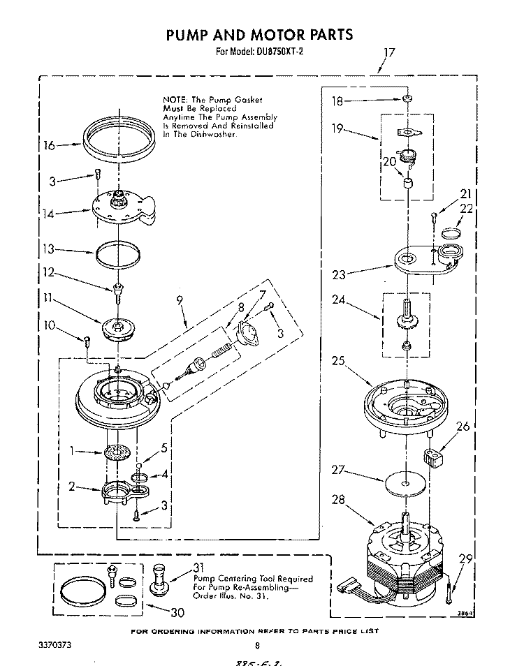 PUMP AND MOTOR Diagram and Parts List for DU8750XT2  Whirlpool Dishwasher