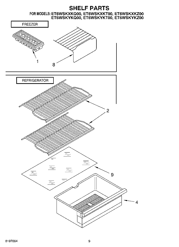 SHELF, OPTIONAL Diagram and Parts List for ET6WSKYKZ00  Whirlpool Refrigerator