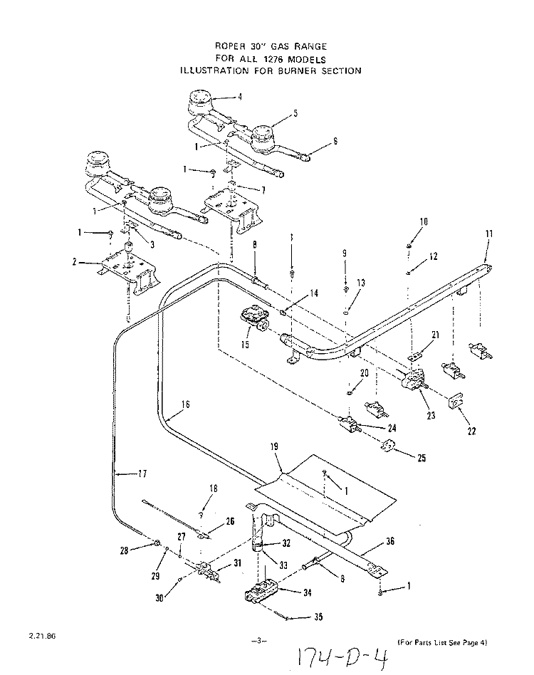BURNER Diagram and Parts List for 1276W0A  Roper Range