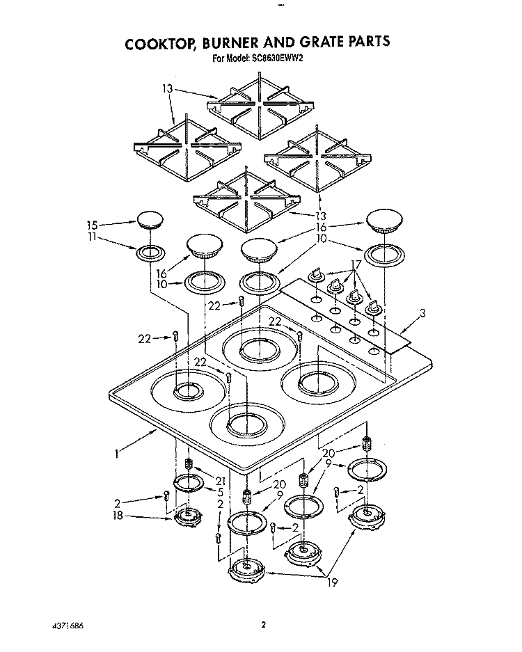 COOKTOP, BURNER AND GRATE Diagram and Parts List for SC8630EWW2  Whirlpool Cooktop