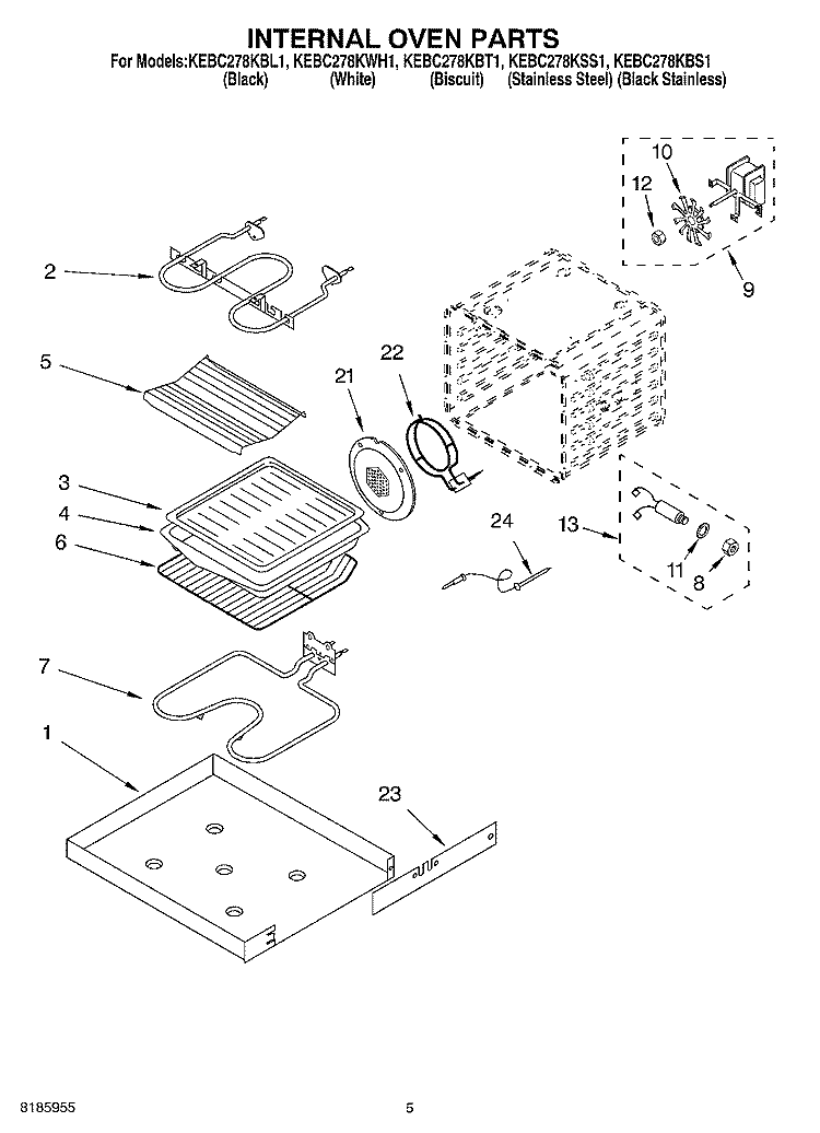 INTERNAL OVEN Diagram and Parts List for KEBC278KBT1  KitchenAid Wall Oven