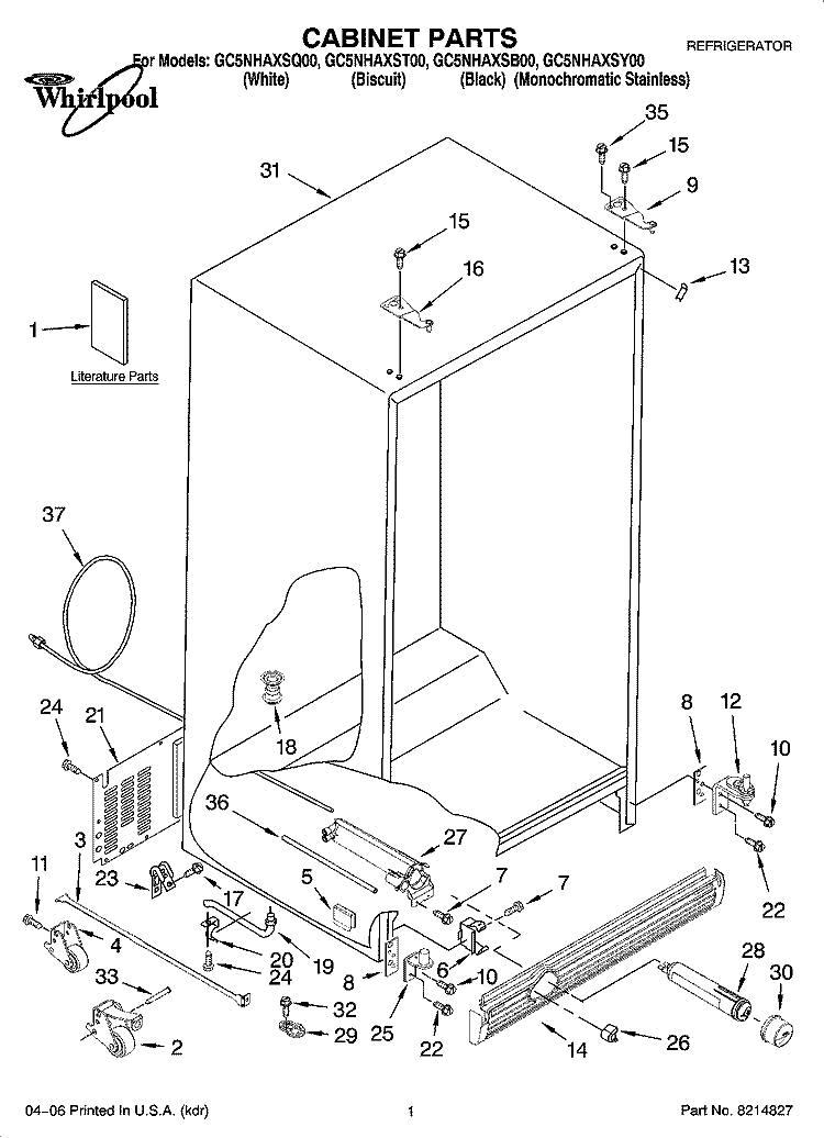 CABINET PARTS Diagram and Parts List for GC5NHAXSY00  Whirlpool Refrigerator