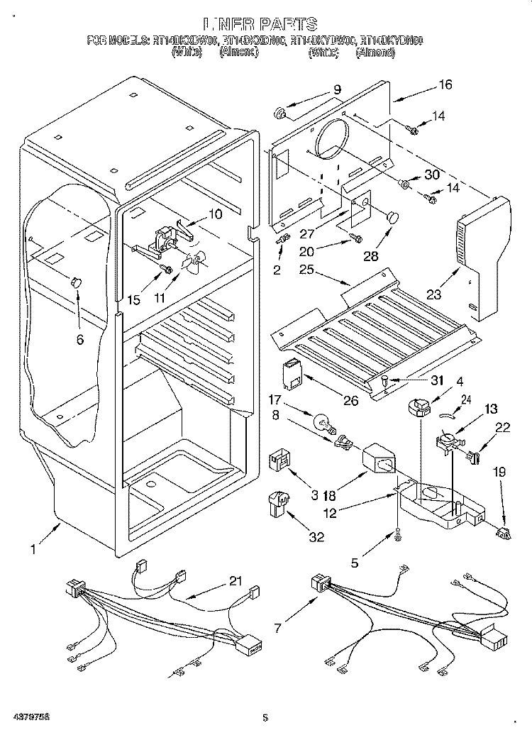 LINER, LIT/OPTIONAL Diagram and Parts List for RT14DKYDN00  Roper Refrigerator