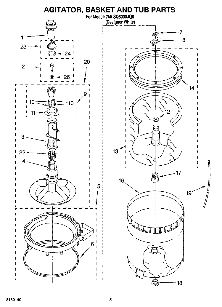AGITATOR, BASKET AND TUB PARTS Diagram and Parts List for 7MLSQ8000JQ6  Whirlpool Washer