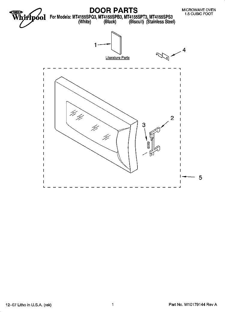 DOOR PARTS Diagram and Parts List for MT4155SPQ3  Whirlpool Microwave