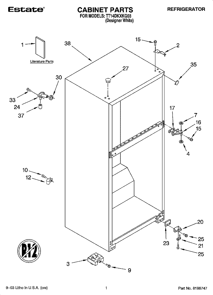 CABINET PARTS Diagram and Parts List for TT14DKXKQ03  Estate Refrigerator