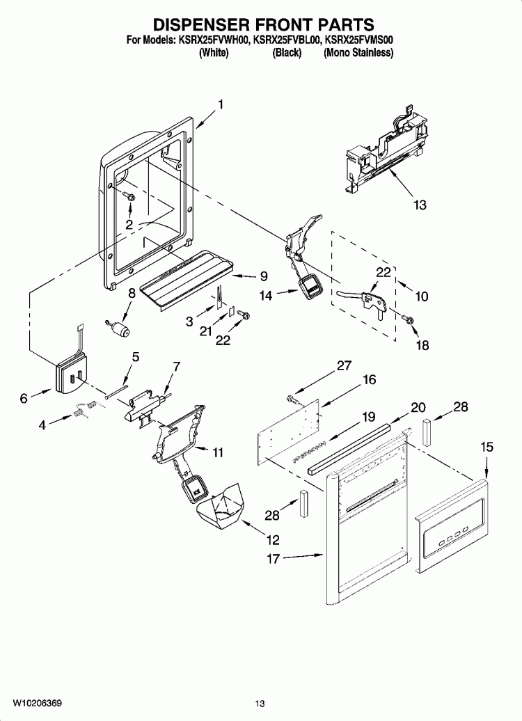 DISPENSER FRONT PARTS Diagram and Parts List for KSRX25FVMS00  KitchenAid Refrigerator
