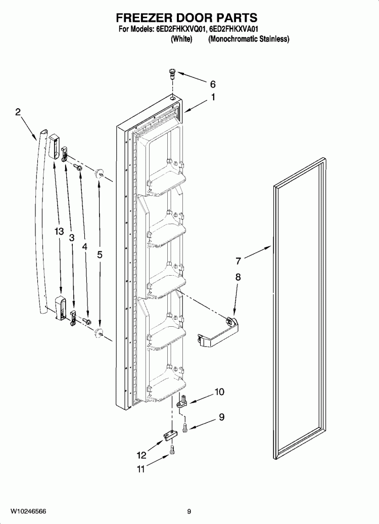 FREEZER DOOR PARTS Diagram and Parts List for 6ED2FHKXVA01  Whirlpool Refrigerator