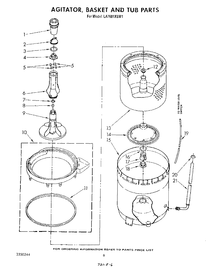 AGITATOR, BASKET AND TUB Diagram and Parts List for LA7681XSW1  Whirlpool Washer