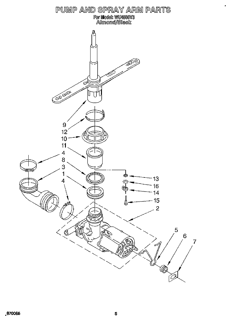 PUMP AND SPRAY ARM Diagram and Parts List for WU4500Y3  Roper Dishwasher