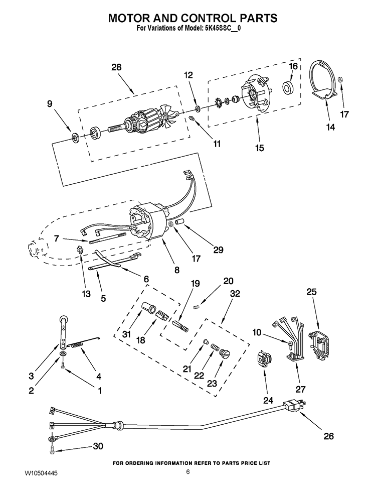 MOTOR AND CONTROL PARTS Diagram and Parts List for 5K45SSCWH0  KitchenAid Mixer