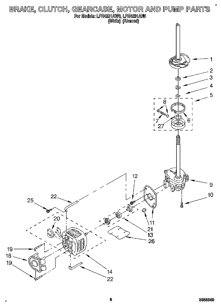 BRAKE, CLUTCH, GEARCASE, MOTOR AND PUMP Diagram and Parts List for LPR4231AW0  Whirlpool Washer