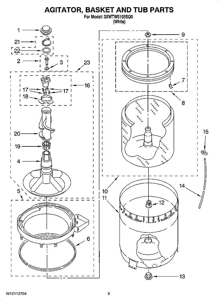 AGITATOR, BASKET AND TUB PARTS Diagram and Parts List for 3XWTW5105SQ0  Whirlpool Washer