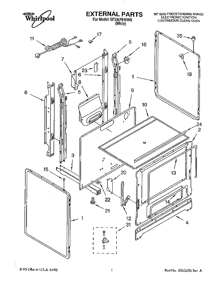 EXTERNAL Diagram and Parts List for SF330PEWW8  Whirlpool Range