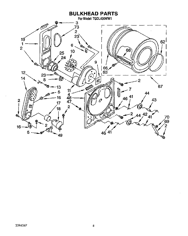 BULKHEAD Diagram and Parts List for TGDL400WN1  Whirlpool Dryer