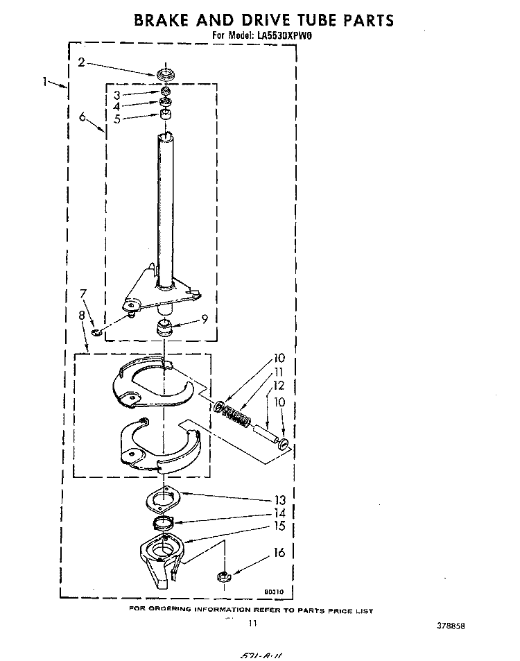 BRAKE AND DRIVE TUBE Diagram and Parts List for LA5530XPW0  Whirlpool Washer