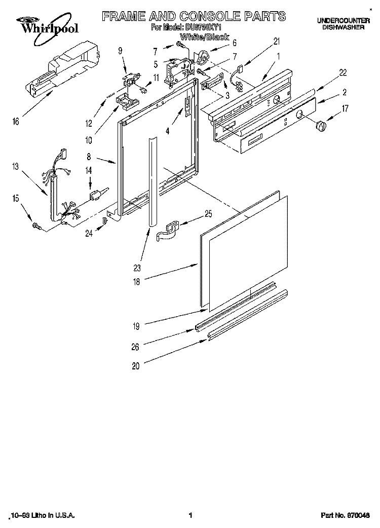 FRAME AND CONSOLE Diagram and Parts List for DU8750XY1  Whirlpool Dishwasher