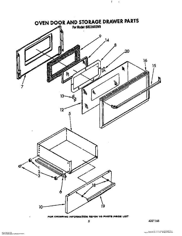 OVEN DOOR AND STORAGE DRAWER Diagram and Parts List for SEC350XW0  Roper Range