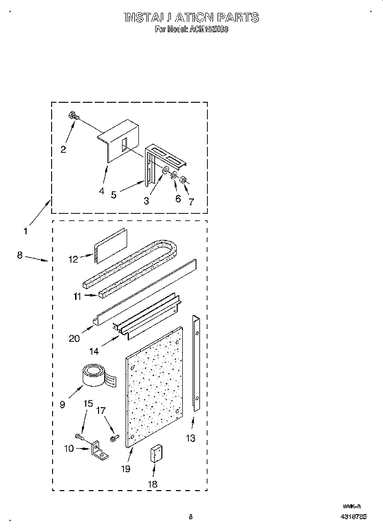 INSTALLATION Diagram and Parts List for ACM102XG0  Whirlpool Air Conditioner