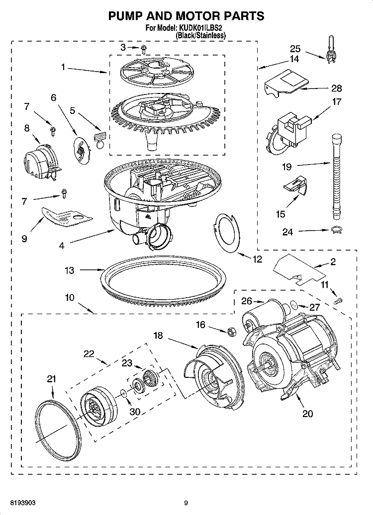 PUMP AND MOTOR PARTS Diagram and Parts List for KUDK01ILBS2  KitchenAid Dishwasher