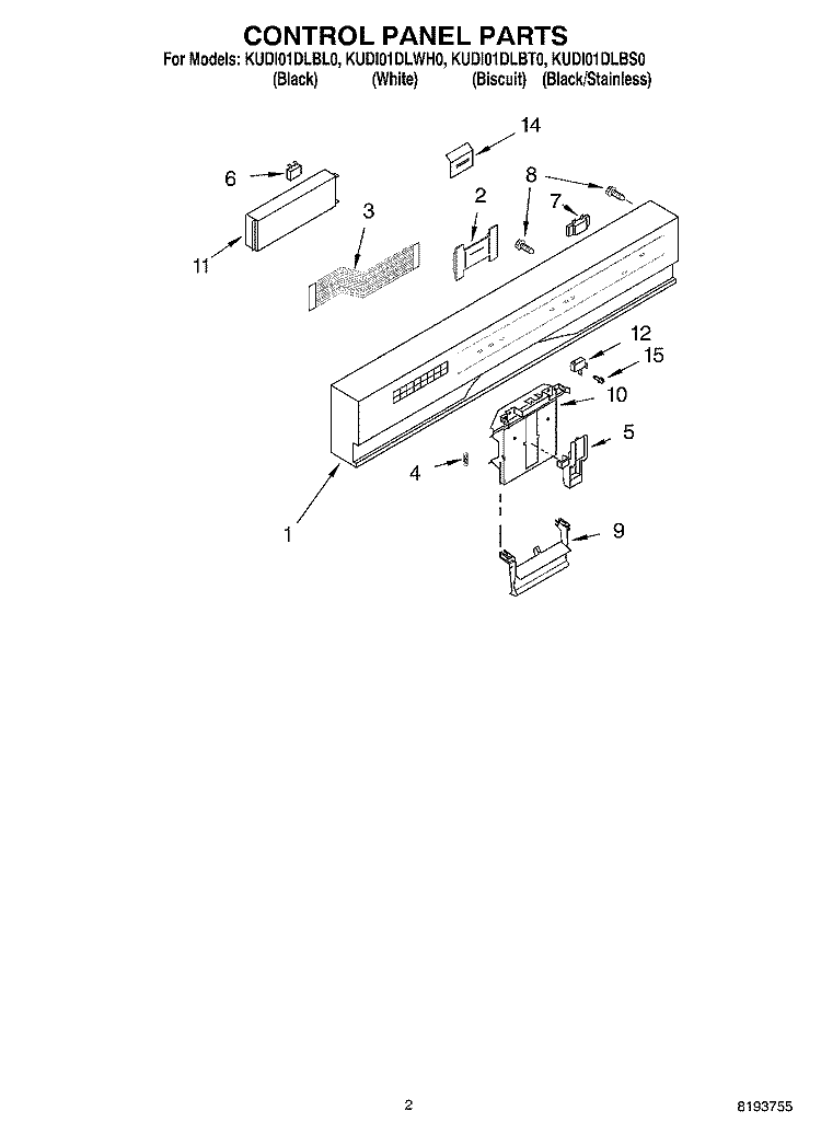 CONTROL PANEL Diagram and Parts List for KUDI01DLSS0  Whirlpool Dishwasher