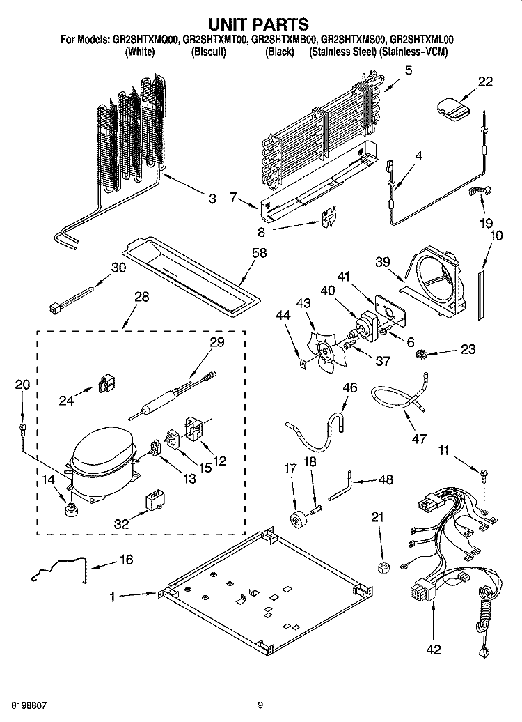 UNIT PARTS Diagram and Parts List for GR2SHTXML00  Whirlpool Refrigerator