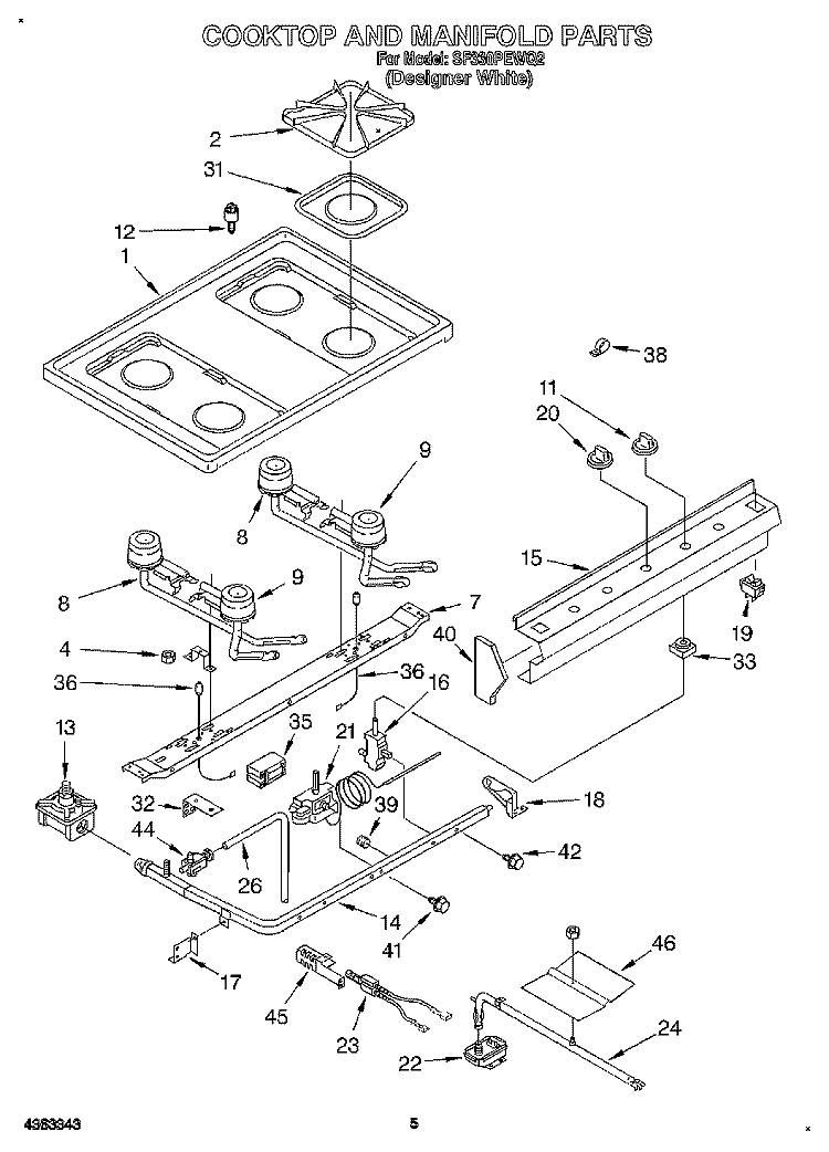 COOKTOP AND MANIFOLD, LITERATURE Diagram and Parts List for SF330PEWQ2  Whirlpool Range