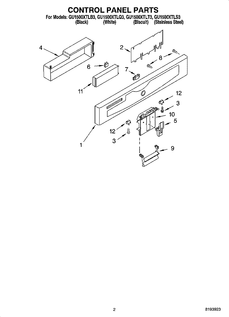 CONTROL PANEL PARTS Diagram and Parts List for GU1500XTLQ3  Whirlpool Dishwasher