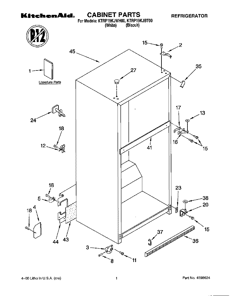 CABINET, LITERATURE Diagram and Parts List for KTRP19KJBT00  KitchenAid Refrigerator
