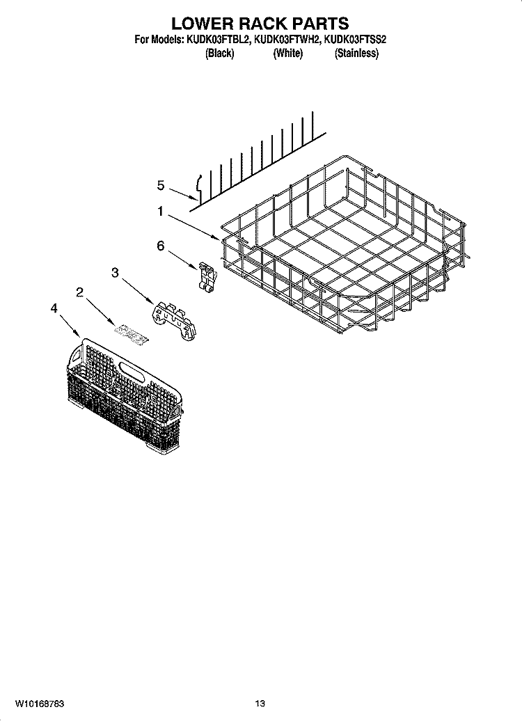 LOWER RACK PARTS, OPTIONAL PARTS (NOT INCLUDED) Diagram and Parts List for KUDK03FTWH2  KitchenAid Dishwasher