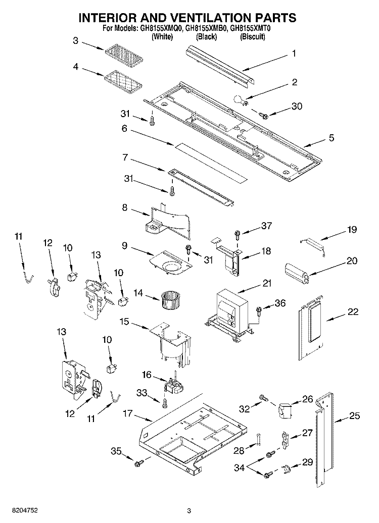 INTERIOR AND VENTILATION PARTS Diagram and Parts List for GH8155XMQ0  Whirlpool Microwave
