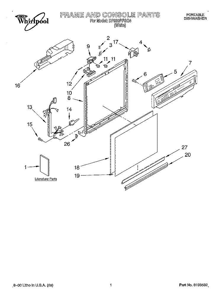 FRAME AND CONSOLE, LITERATURE Diagram and Parts List for DP920PFGQ4  Whirlpool Dishwasher