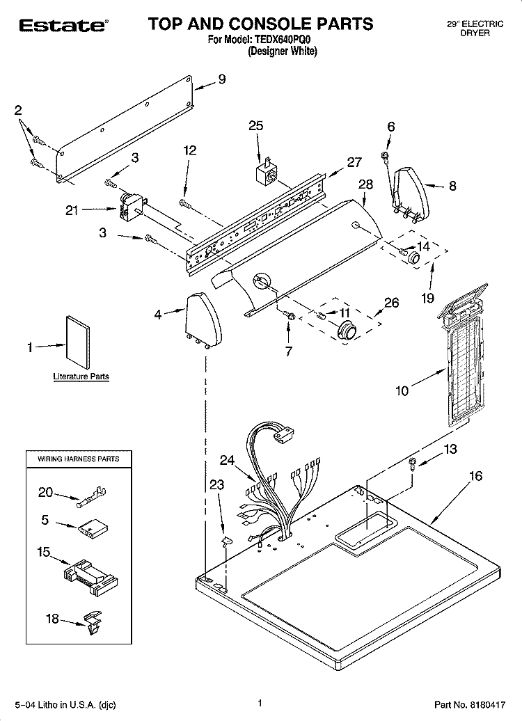 TOP AND CONSOLE PARTS Diagram and Parts List for TEDX640PQ0  Estate Dryer