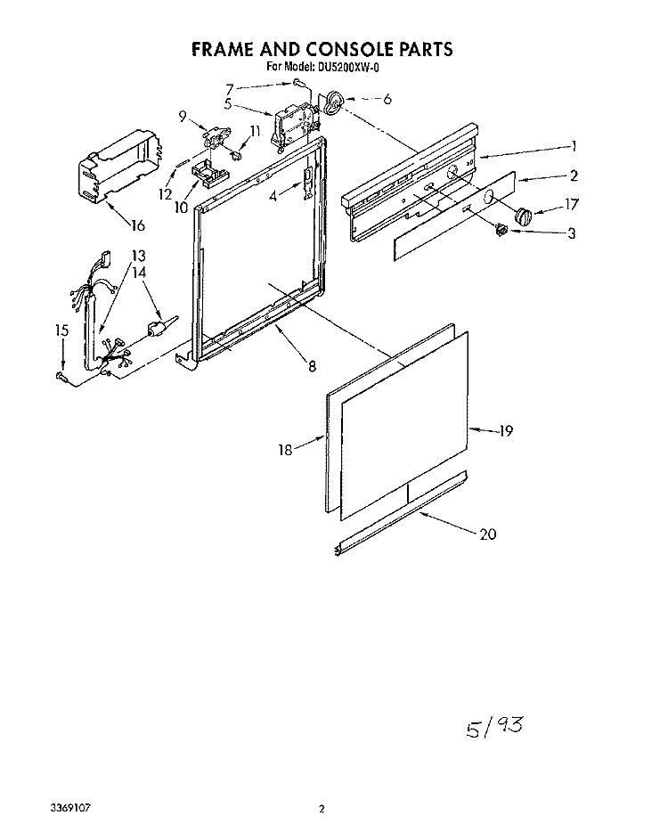 FRAME AND CONSOLE Diagram and Parts List for DU5200XW0  Whirlpool Dishwasher