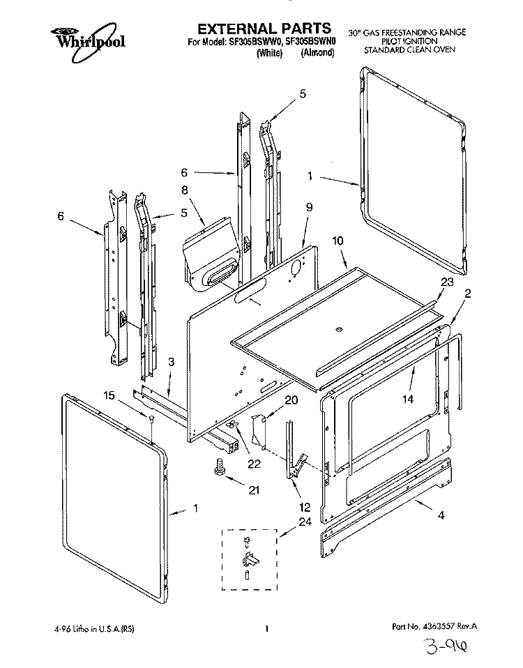EXTERNAL Diagram and Parts List for SF305BSWW0  Whirlpool Range