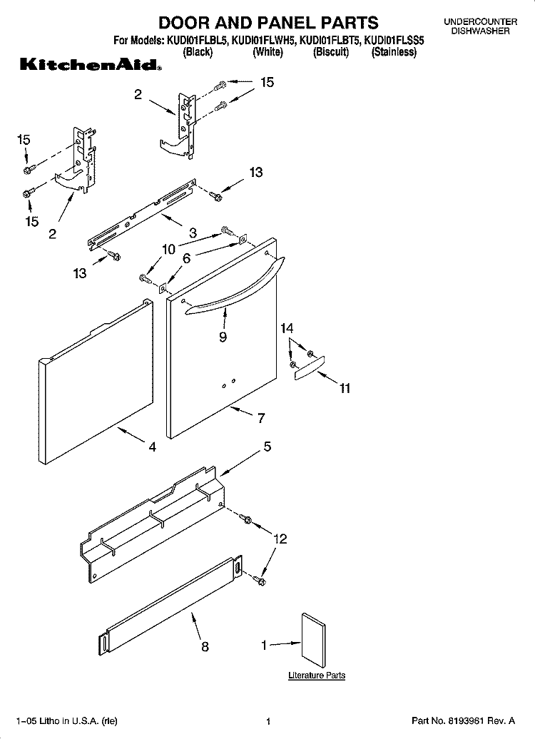 DOOR AND PANEL PARTS Diagram and Parts List for KUDI01FLSS5  KitchenAid Dishwasher