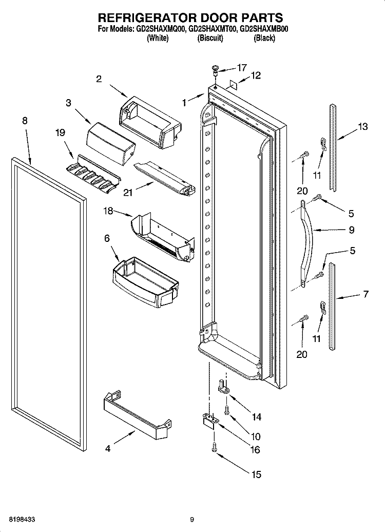 REFRIGERATOR DOOR PARTS Diagram and Parts List for GD2SHAXMQ00  Whirlpool Refrigerator